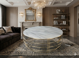CT- KH103 | Elegant Marble Coffee Table with Gold Geometric Base