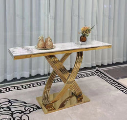 CONSOLE - G296 | Luxury Gold X-Base Marble Console Table