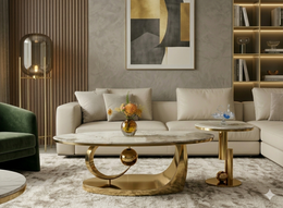 CT - H019 | Luxury Marble Coffee Table Set with Gold Stainless Steel Base