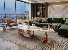 CT - H011 | Modern Marble Coffee Table Set with Sculptural Gold Base